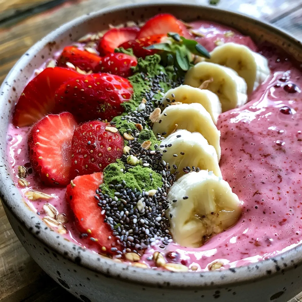 A colorful smoothie bowl featuring strawberries and bananas, garnished with chia seeds and almond butter.