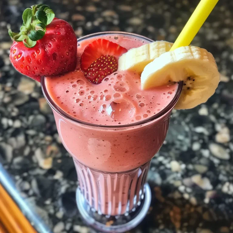Close-up view of a strawberry banana smoothie in a glass.