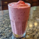 A delicious strawberry banana smoothie filled with fruit, displayed with ice cubes and toppings.