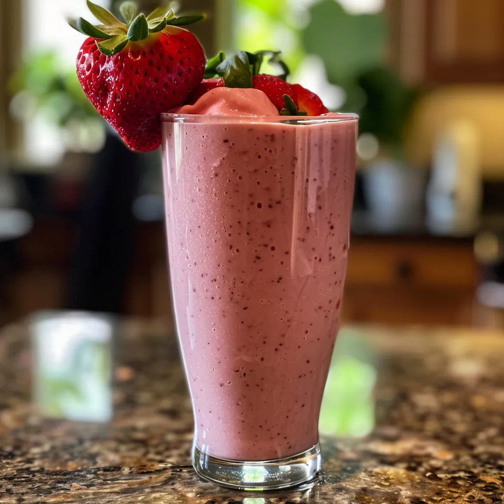 A refreshing smoothie made from strawberries and bananas, garnished with granola and chia seeds.