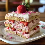 Close-up of a strawberry cake ice cream sandwich decorated with pink and white sprinkles.