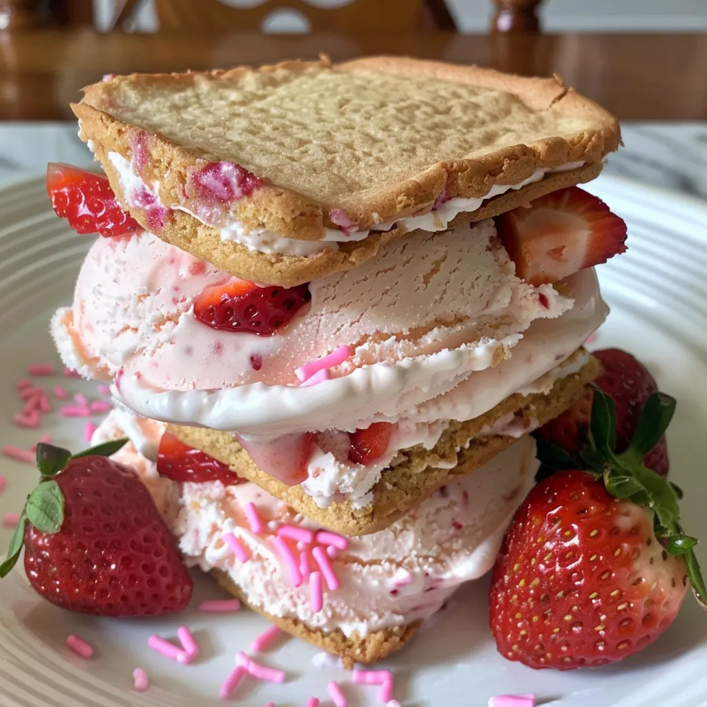 Delicious strawberry cake ice cream sandwich with fresh strawberries peeking out.