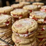 Juicy strawberry cheesecake cookies displayed on a plate, highlighting their delicious appearance.
