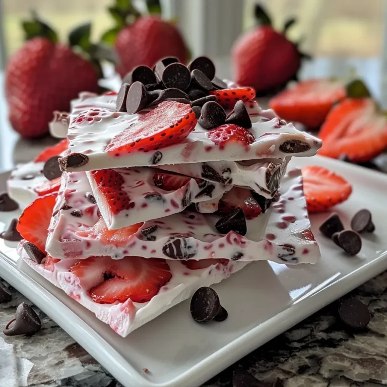 Close-up view of Strawberry Chocolate Greek Yogurt Bark with visible strawberries and chocolate chips.