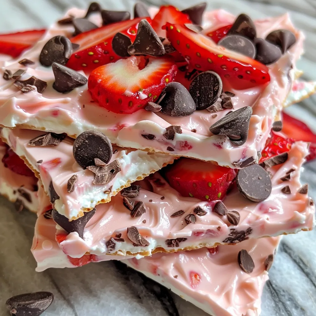 Side view of a colorful Greek yogurt bark topped with sliced strawberries and mini chocolate chips.