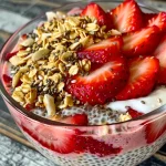 Delicious Strawberry Coconut Chia Pudding in a glass, featuring halved strawberries and a sprinkle of chia seeds.