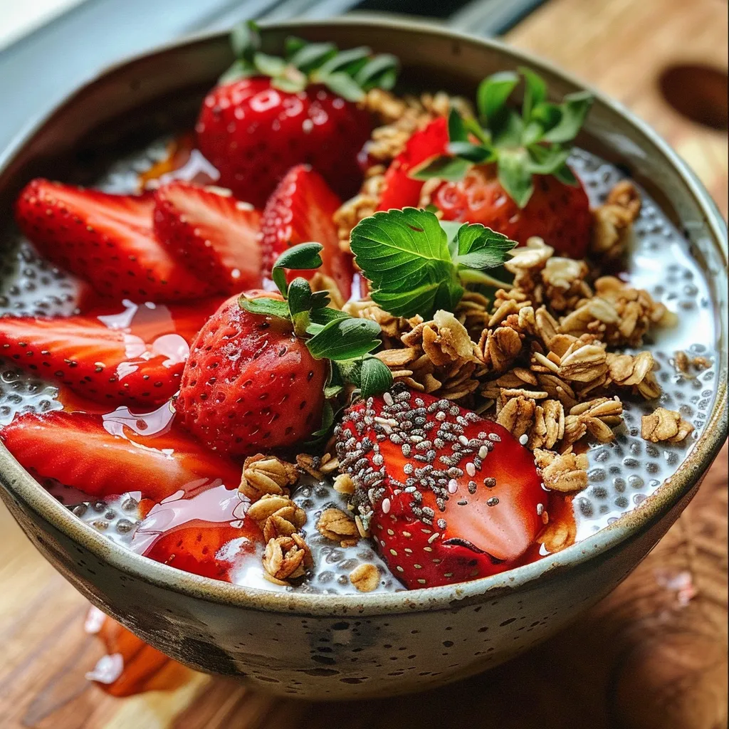 Thick, vibrant Strawberry Coconut Chia Pudding garnished with fresh berries and served in a dish.