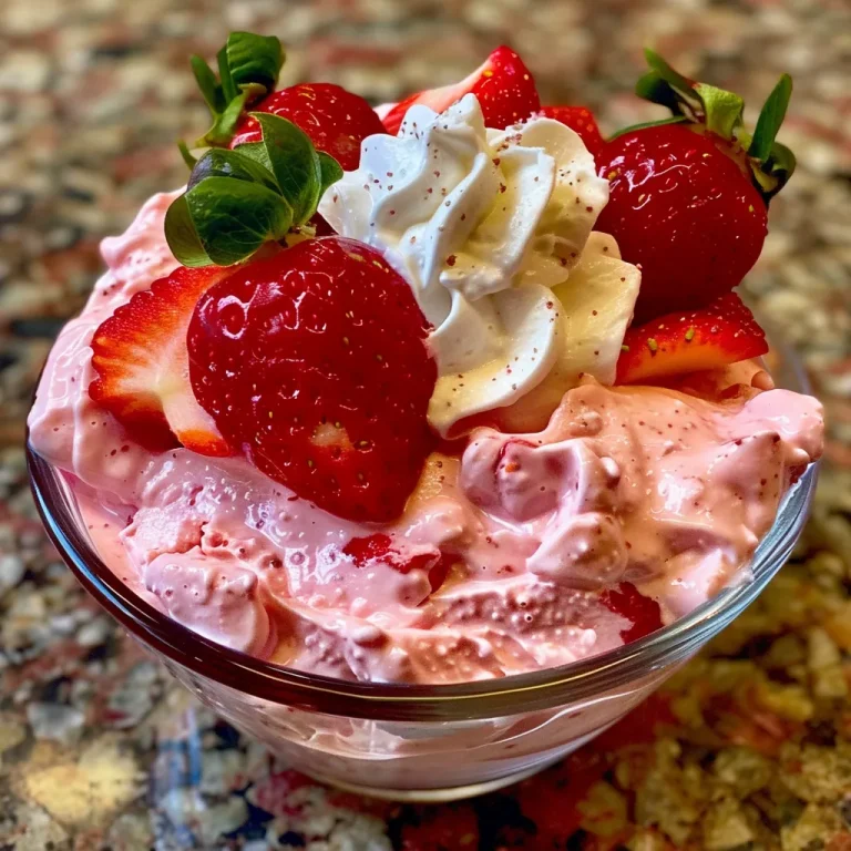 Close-up view of Strawberry Greek Yogurt Mousse in a glass, garnished with fresh strawberries.