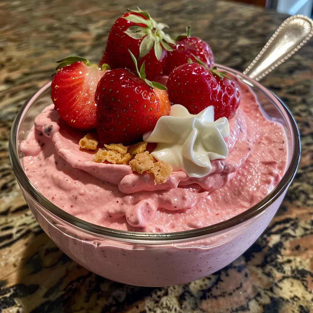 Side view of a creamy Strawberry Greek Yogurt Mousse, showcasing its rich texture and color.