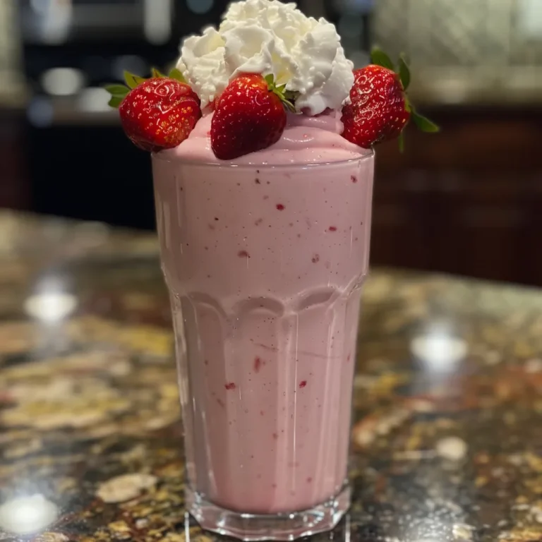 Energize Your Day with a Delicious Strawberry Protein Shake Close-up of a creamy strawberry protein shake in a glass, garnished with a fresh strawberry.