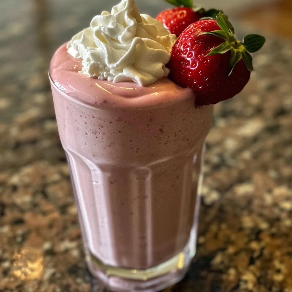 Side view of a vibrant strawberry protein shake with almond milk and whipped cream on top.