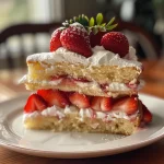 Close-up view of a luscious strawberry shortcake, showcasing layers of cake and fresh strawberries.
