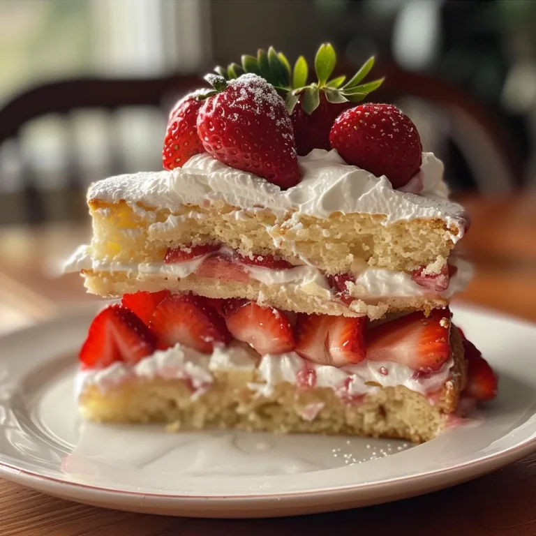 Close-up view of a luscious strawberry shortcake, showcasing layers of cake and fresh strawberries.
