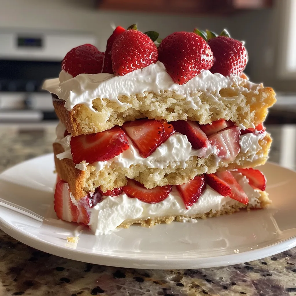 Side perspective of a moist strawberry shortcake with whipped cream and strawberries on top.