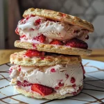 Close-up view of a strawberry shortcake ice cream sandwich, highlighting the creamy ice cream and diced strawberries.