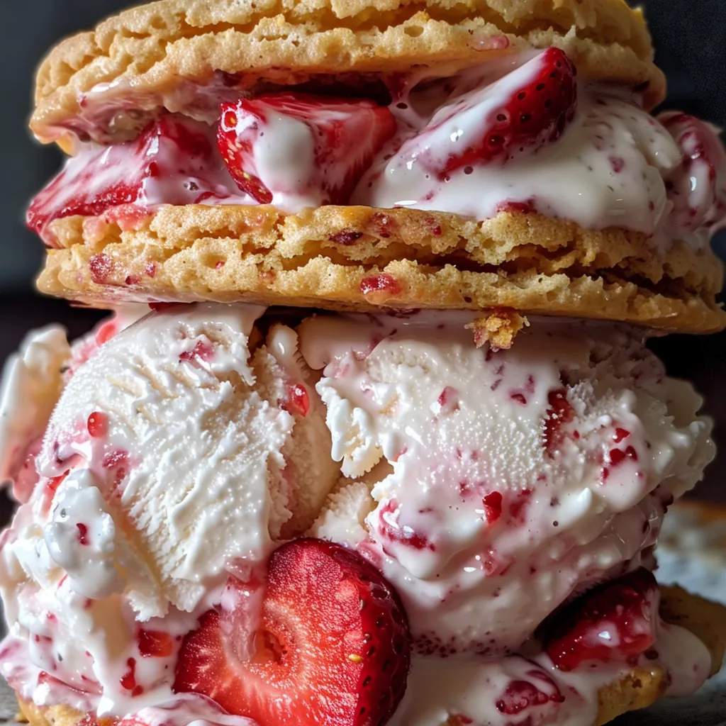 An appetizing strawberry shortcake ice cream sandwich with freeze-dried strawberries and shortcake biscuits on a plate.