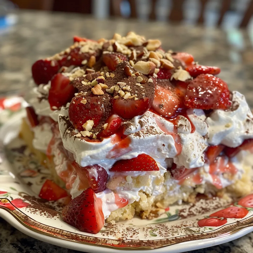 Layered Strawberry Shortcake Icebox Cake featuring strawberries and nuts, viewed from the side.