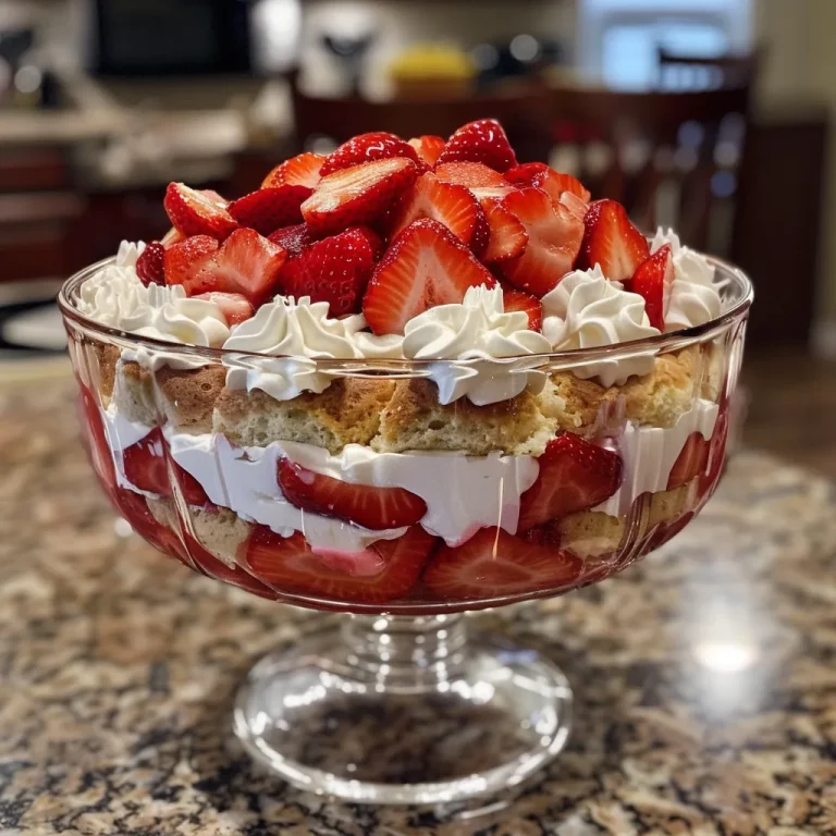 Layers of Delight: Crafting the Ultimate Strawberry Shortcake Trifle Side view of a decadent Strawberry Shortcake Trifle featuring fresh strawberries and cake layers.