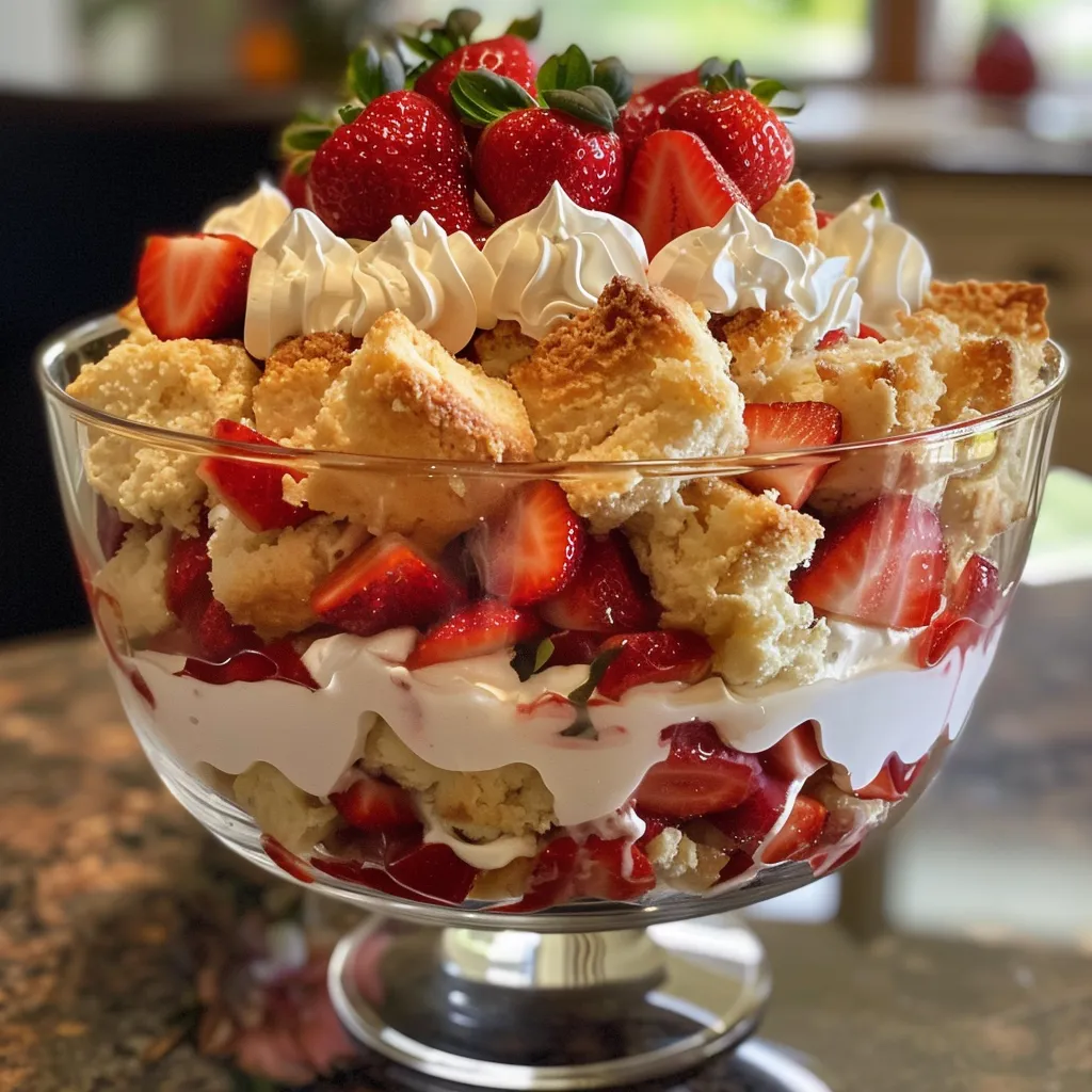 Vibrant Strawberry Shortcake Trifle with visible layers of cake, strawberries, and creamy texture.