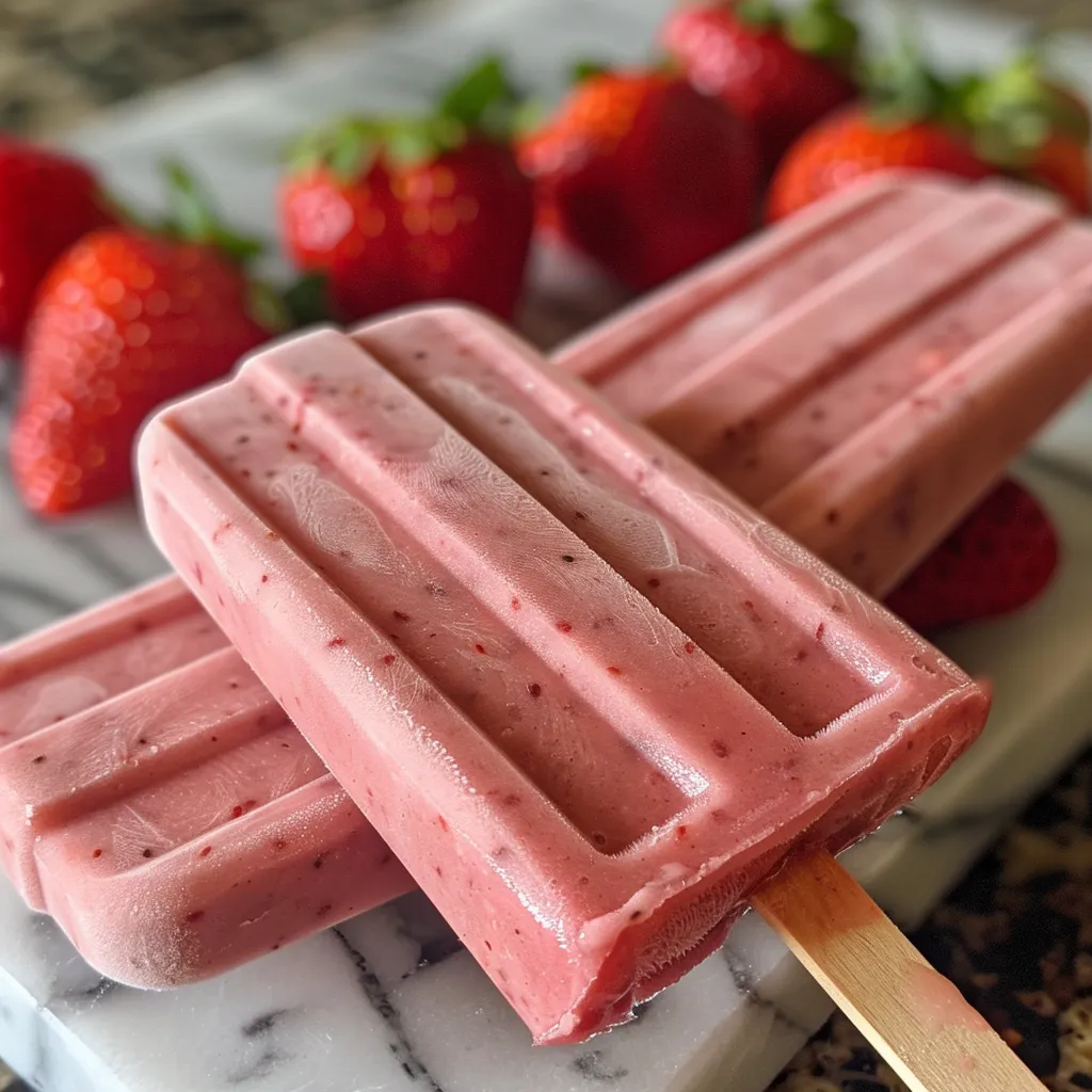 Colorful strawberry yogurt popsicles on a wooden surface, highlighting their freshness.