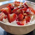 Close-up side view of creamy strawberry yogurt with fresh strawberries.