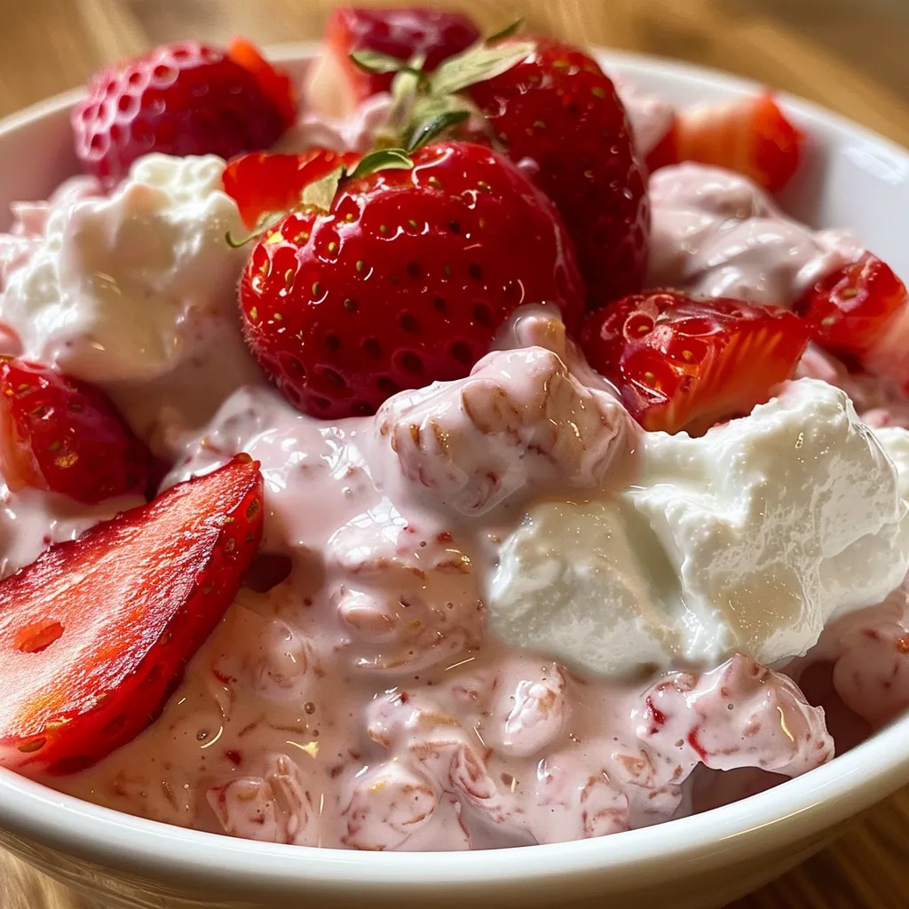 Side view of thick strawberry yogurt topped with chopped strawberries.