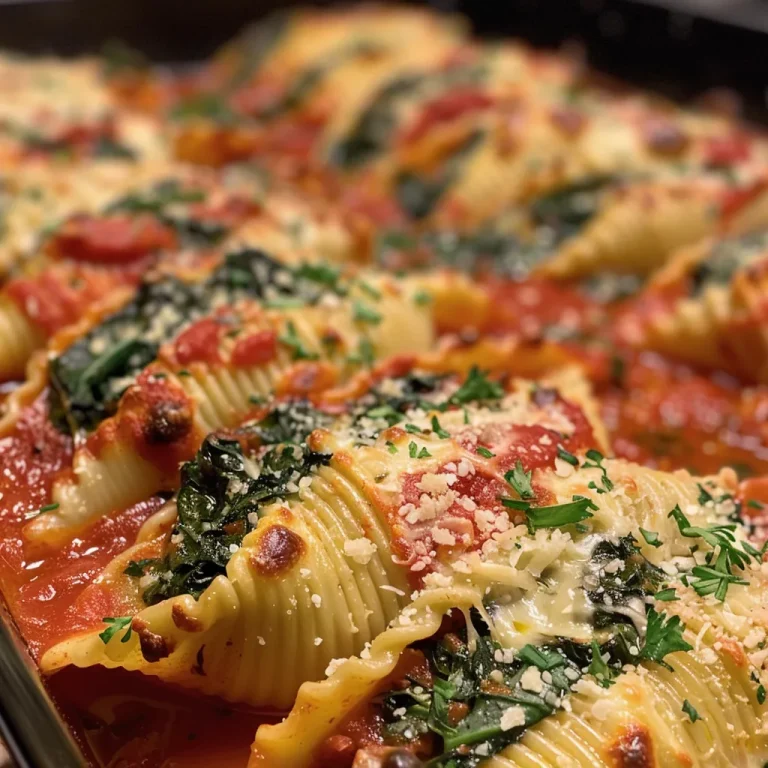 Delicious stuffed shells filled with ricotta and spinach, garnished with parsley.