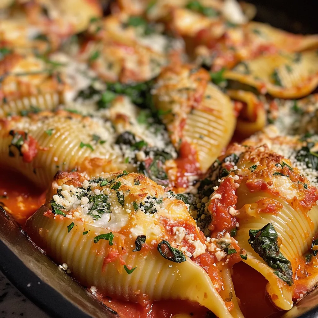 Close-up of baked stuffed pasta shells in marinara sauce, showcasing the cheese.