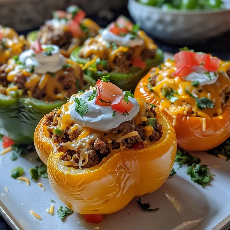 Side view of vibrant taco peppers overflowing with a savory mixture, topped with cheese.