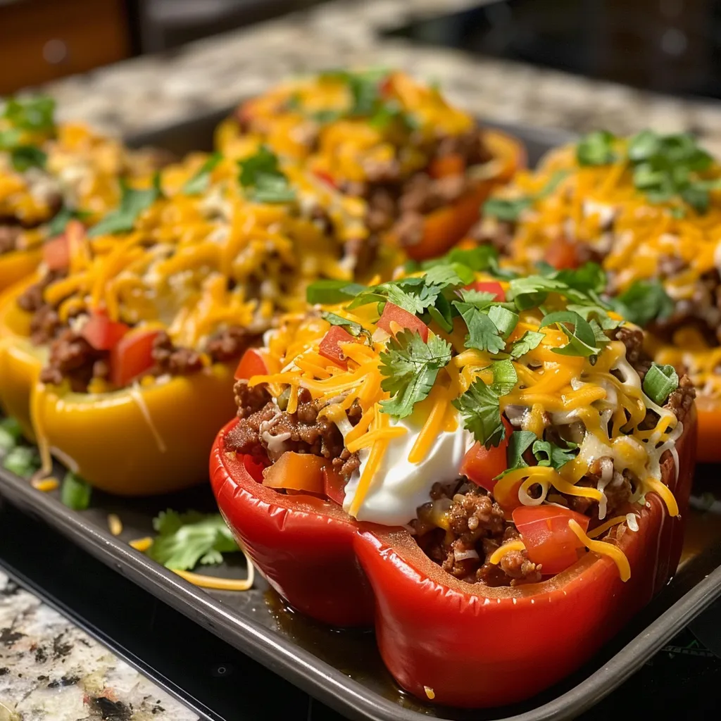 Halved bell peppers stuffed with beef and cheese, showcasing their delicious contents.