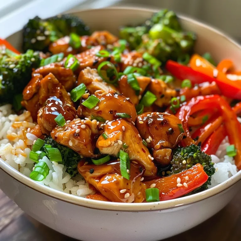 Close-up of Sweet Chili Chicken Rice Bowl with colorful vegetables.