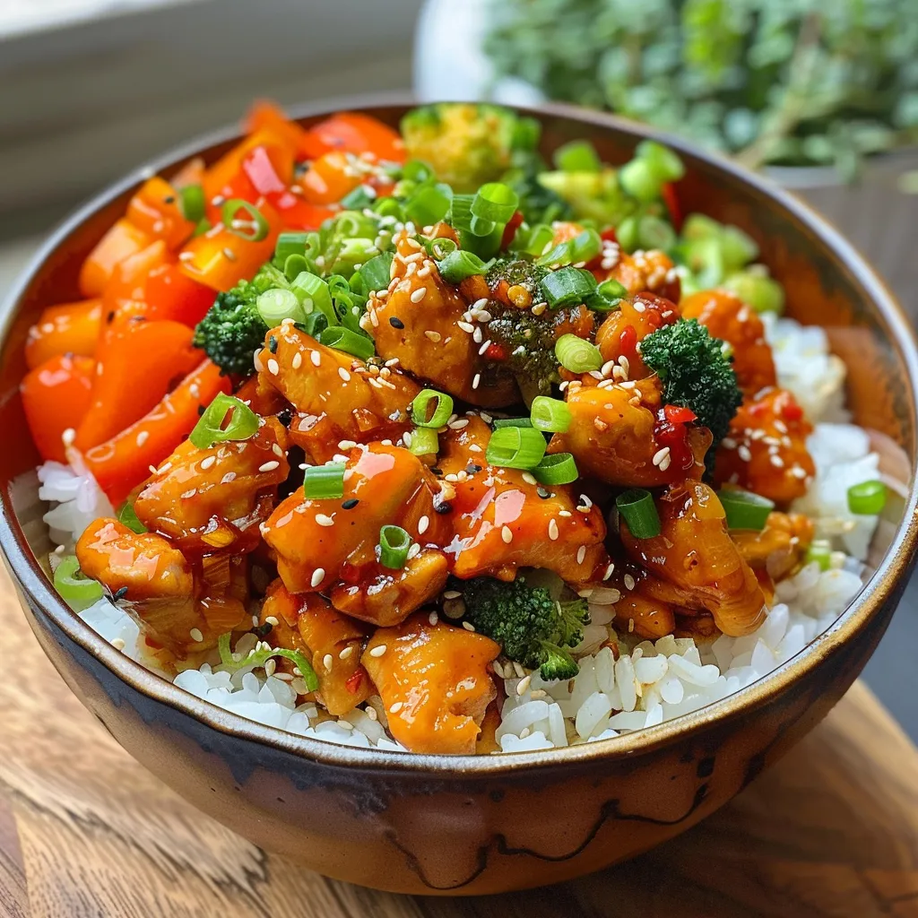 Juicy Sweet Chili Chicken served on a bed of rice with vibrant bell peppers.