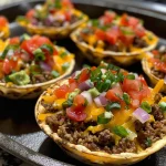 Close-up of juicy taco cups made with mini flour tortillas filled with ground beef and topped with cheese.