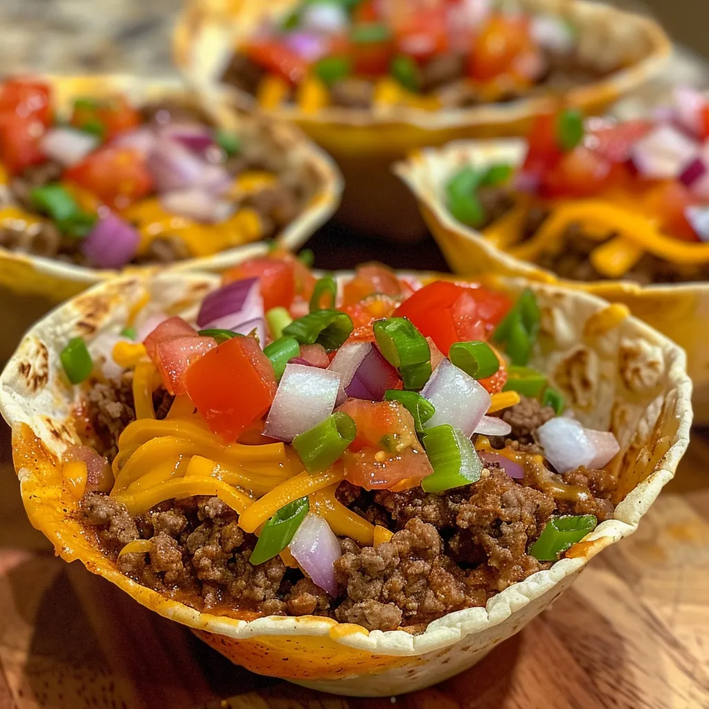 Side view of taco cups filled with beef, diced tomatoes, and guacamole, showcasing their layered ingredients.