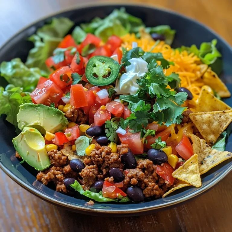 Close-up view of a delicious taco salad featuring fresh ingredients and vibrant colors.