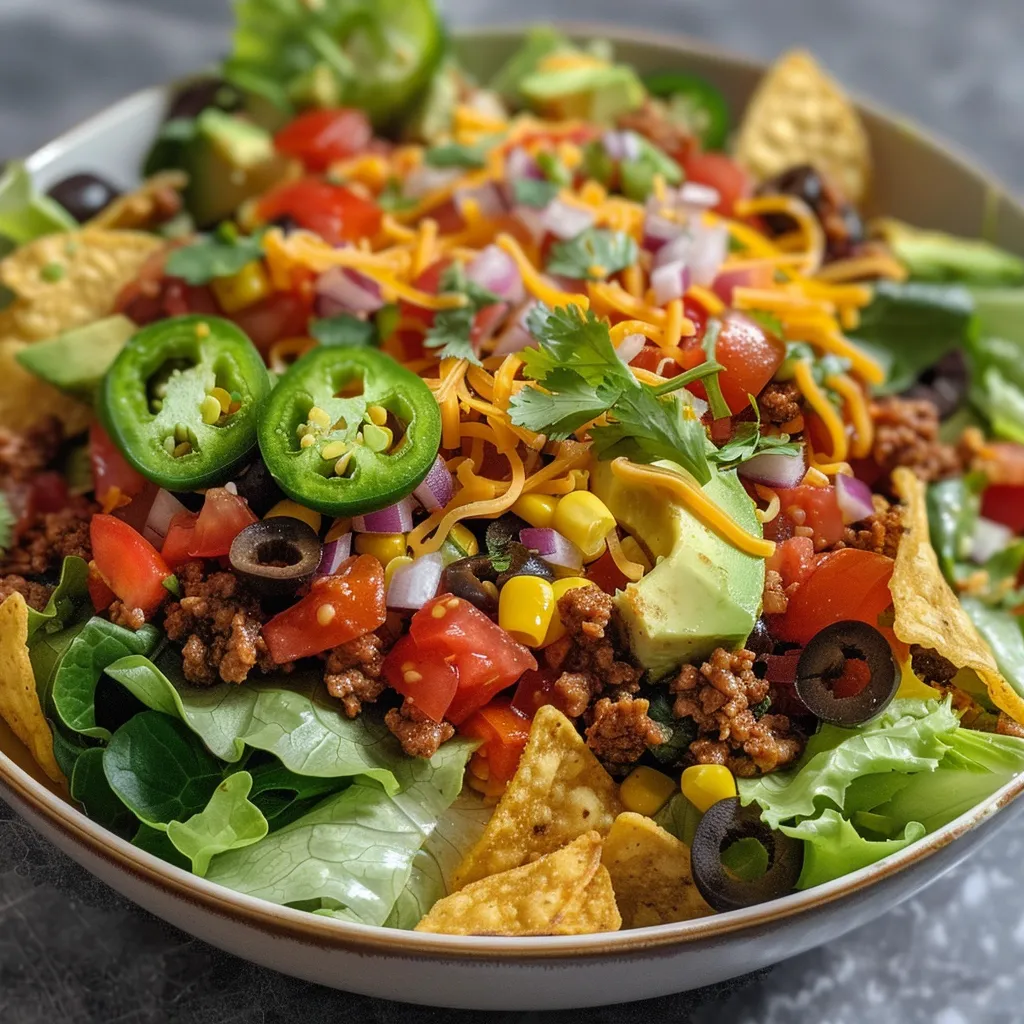 Side photo showing a colorful taco salad piled high with toppings and served in a bowl.