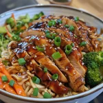 A vibrant bowl showcasing Teriyaki chicken, cooked noodles, and mixed vegetables, photographed from the side.