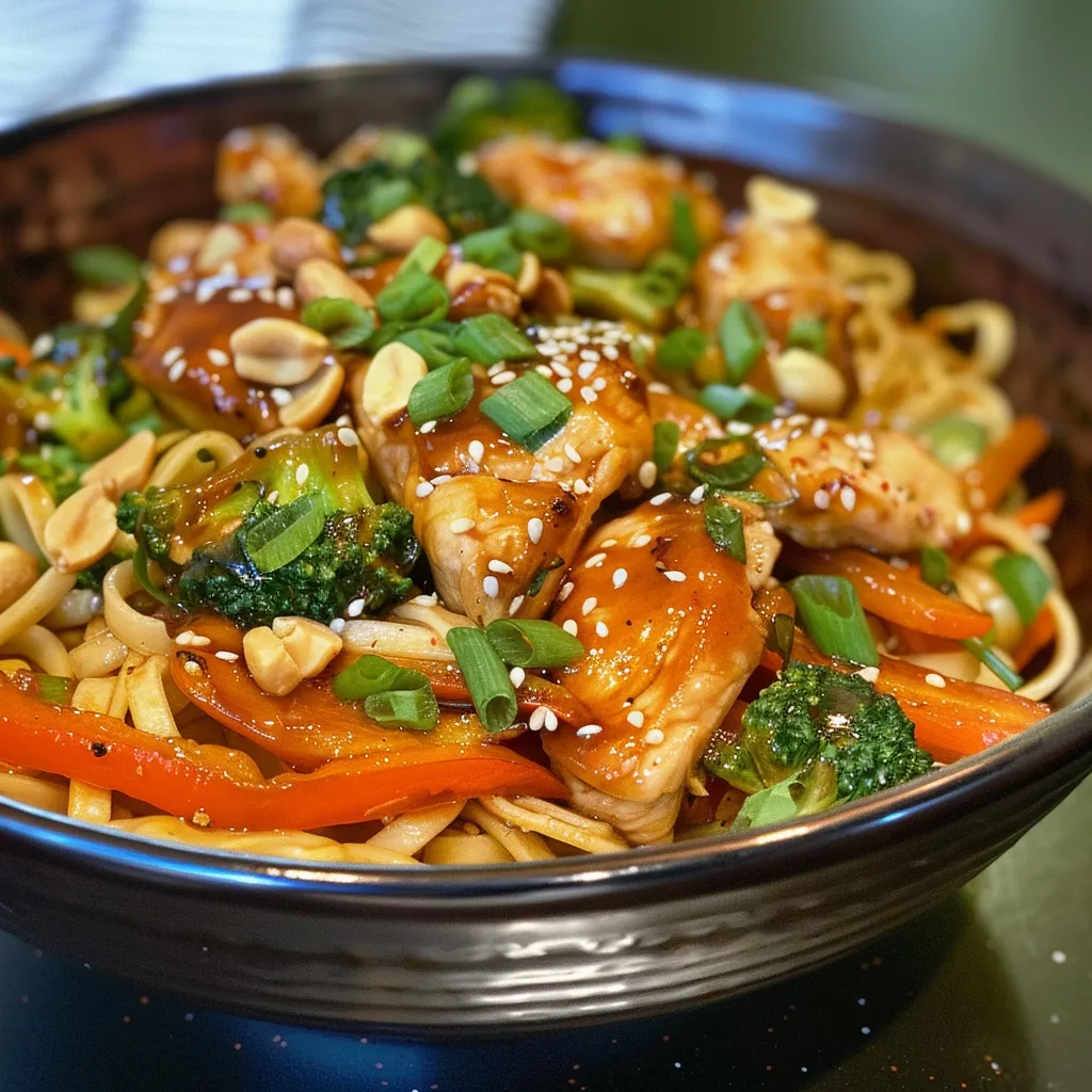 Side view of a delicious Teriyaki chicken noodle bowl, highlighting the chicken, noodles, and vegetable garnishes.