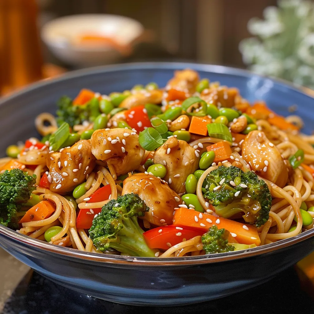 Thick rice noodles stir-fried with chicken, edamame, and vibrant bell peppers in a rich sauce.