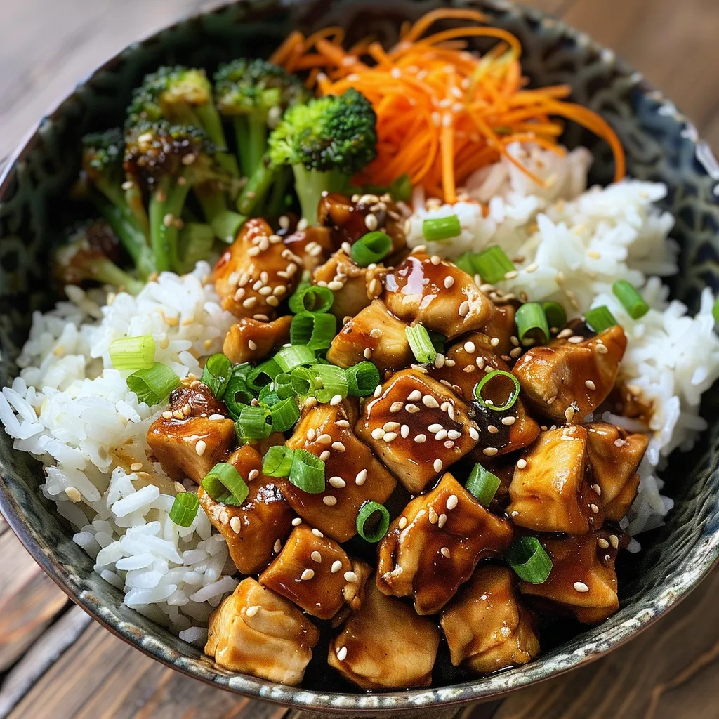 Juicy teriyaki chicken served over a bed of white rice with broccoli and carrots.