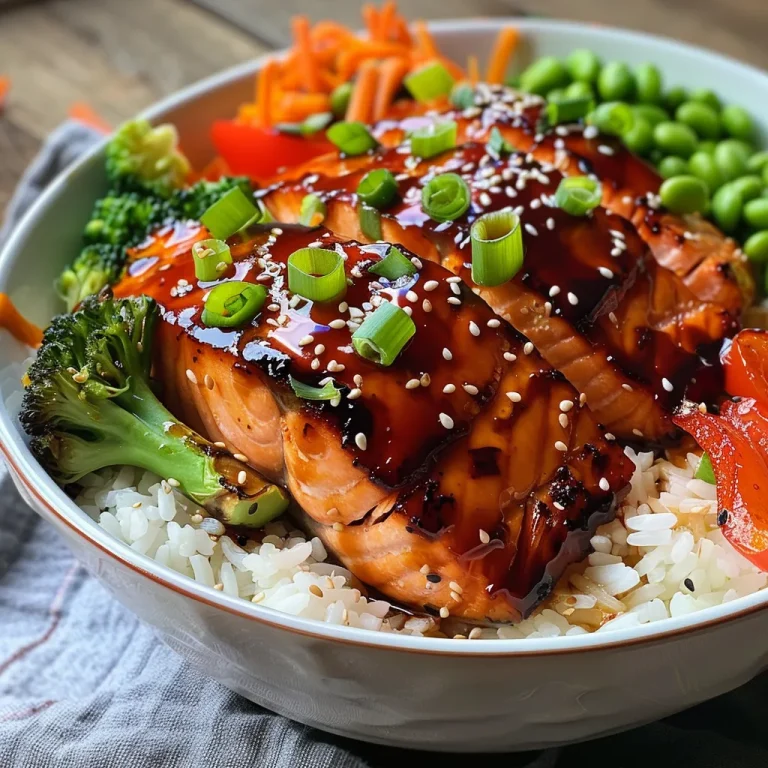 A side view of a delicious Teriyaki salmon bowl with salmon, broccoli, snap peas, and bell peppers.