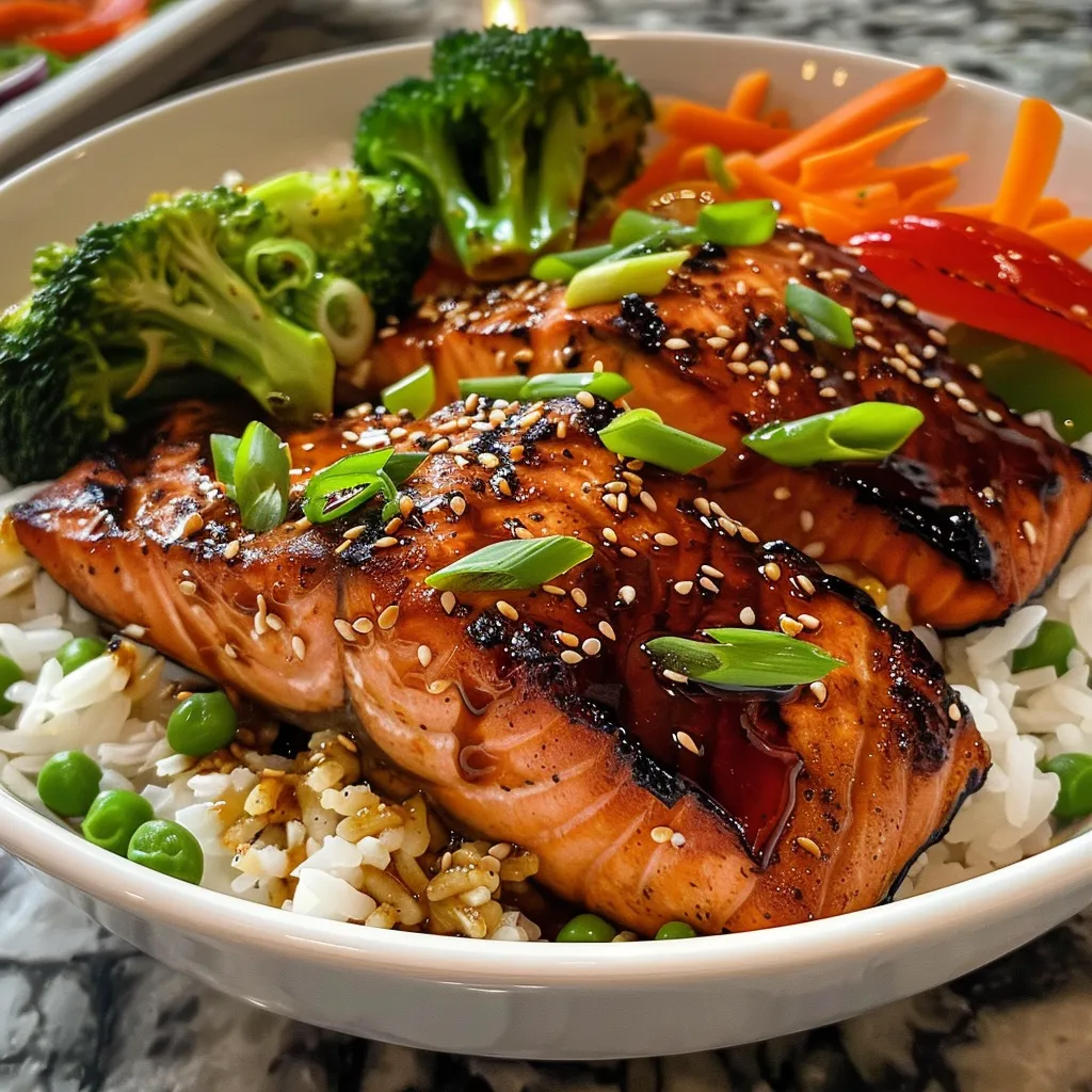 A detailed image of a Teriyaki salmon bowl showcasing salmon, teriyaki sauce, and an assortment of fresh veggies.