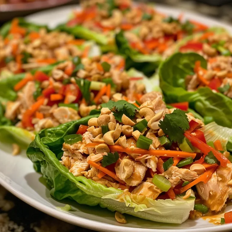 Elevate Your Dinner Game with Crunchy Thai Peanut Chicken Lettuce Wraps Detailed image of Thai peanut chicken filling inside crisp lettuce leaves with garnishes of peanuts and herbs.