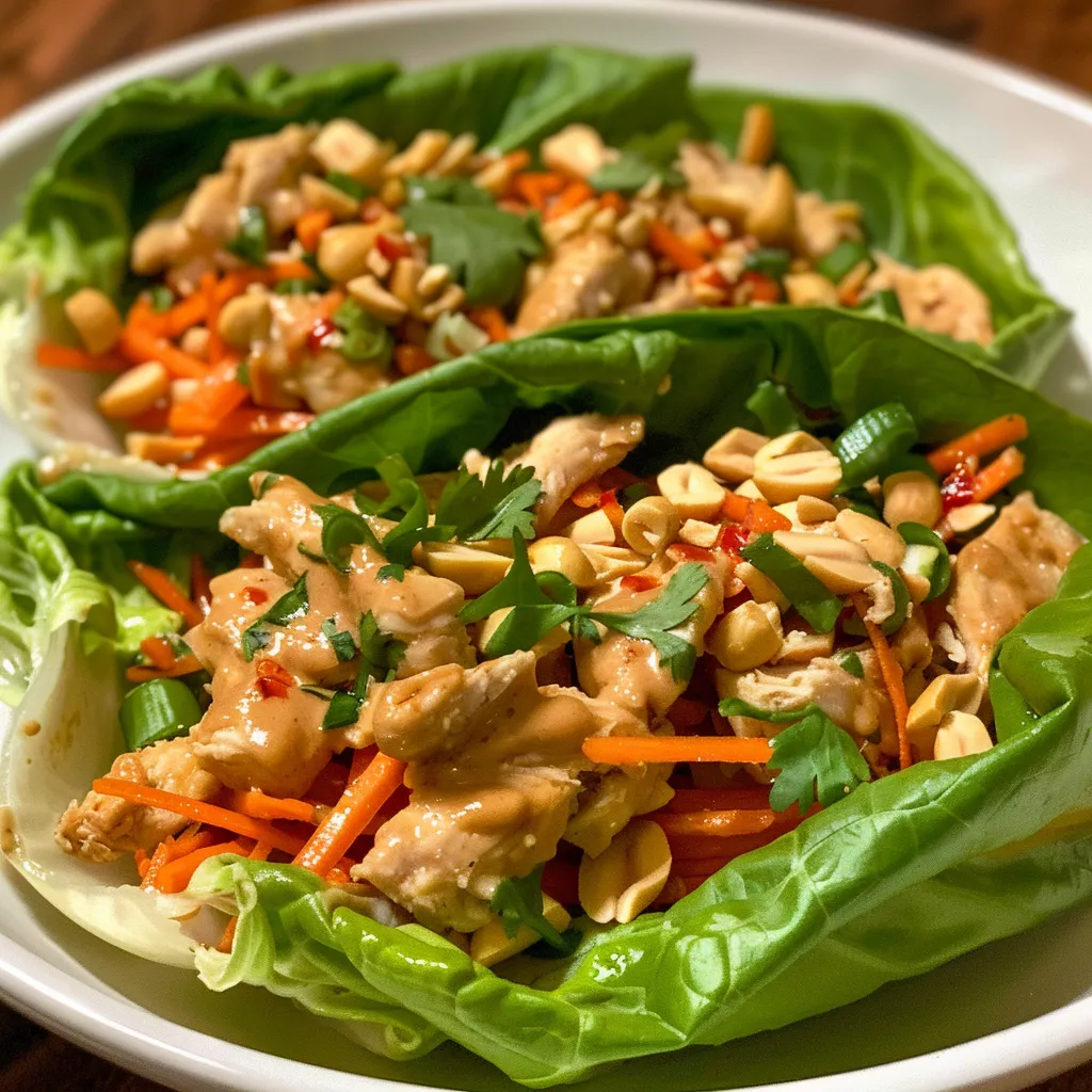 Close-up of colorful Thai peanut chicken lettuce wraps on a plate, highlighting ingredients like carrots and cilantro.
