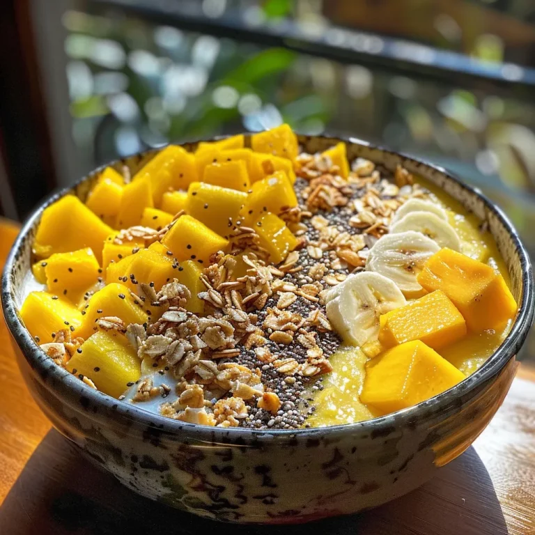 A refreshing smoothie bowl rich in tropical fruits, showing bright yellow mango and pineapple alongside decorative toppings.