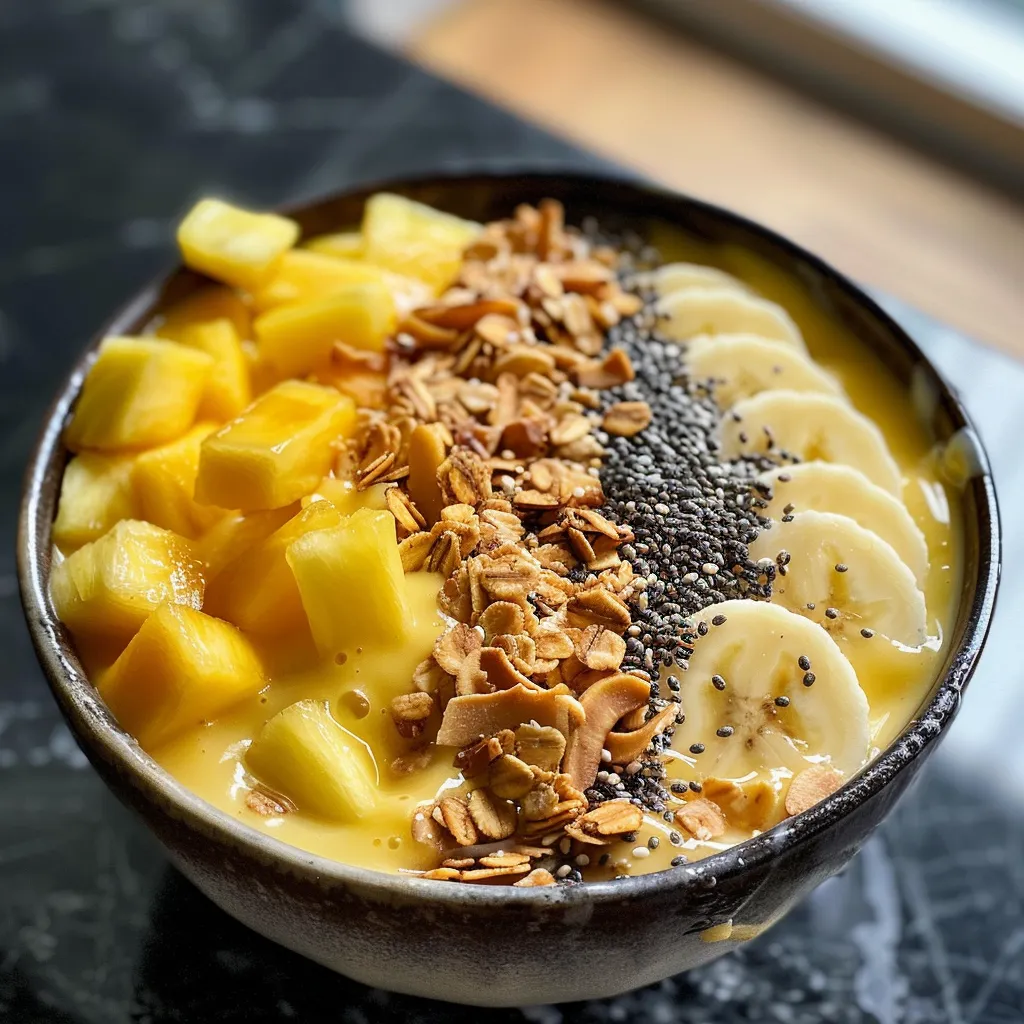 Side view of a smooth, creamy bowl filled with blended fruits, topped with granola, sliced banana, and chia seeds.