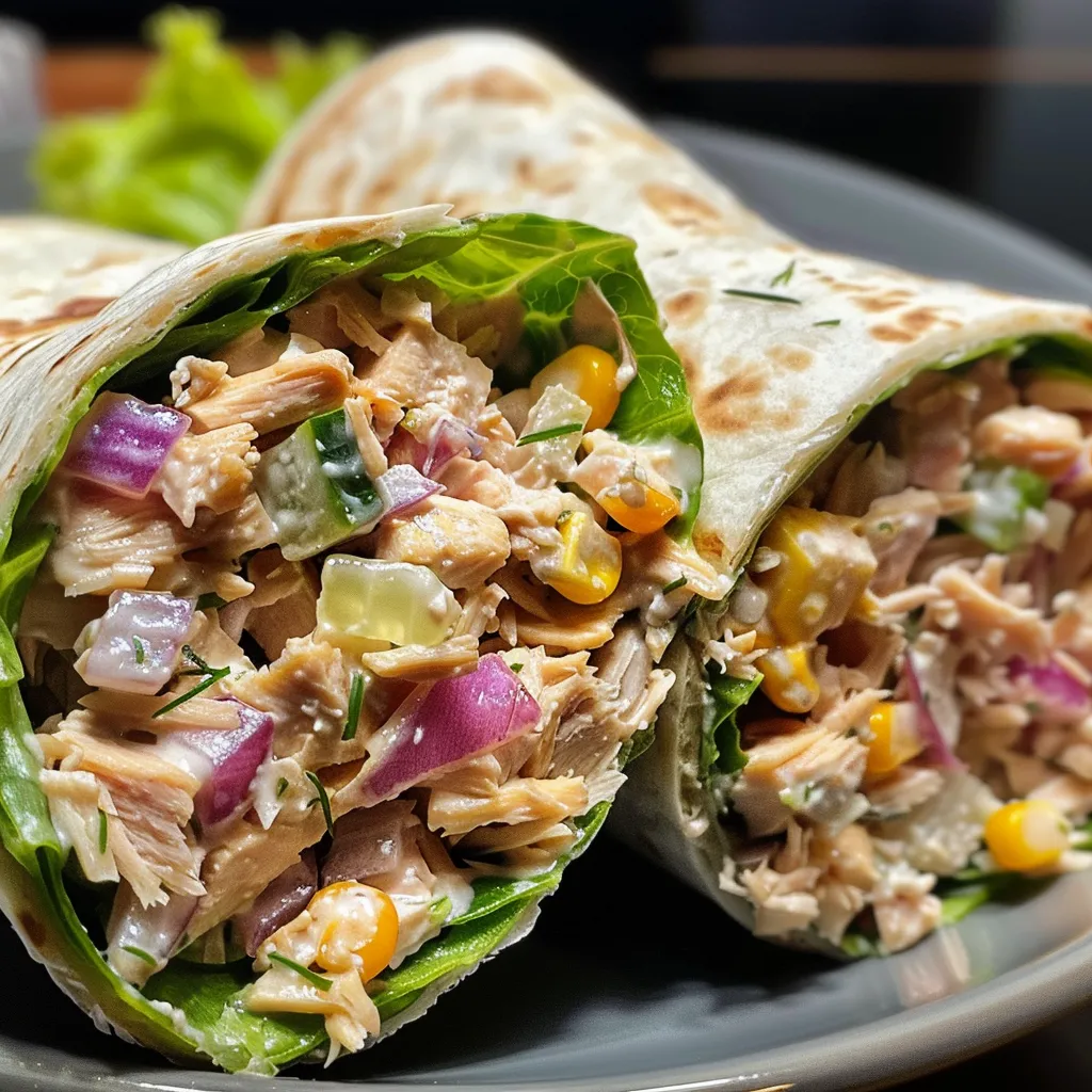 Side view of a loaded tuna wrap showcasing vibrant vegetables.