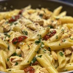 Side view of flavorful Tuscan chicken pasta garnished with Parmesan cheese and fresh spinach.