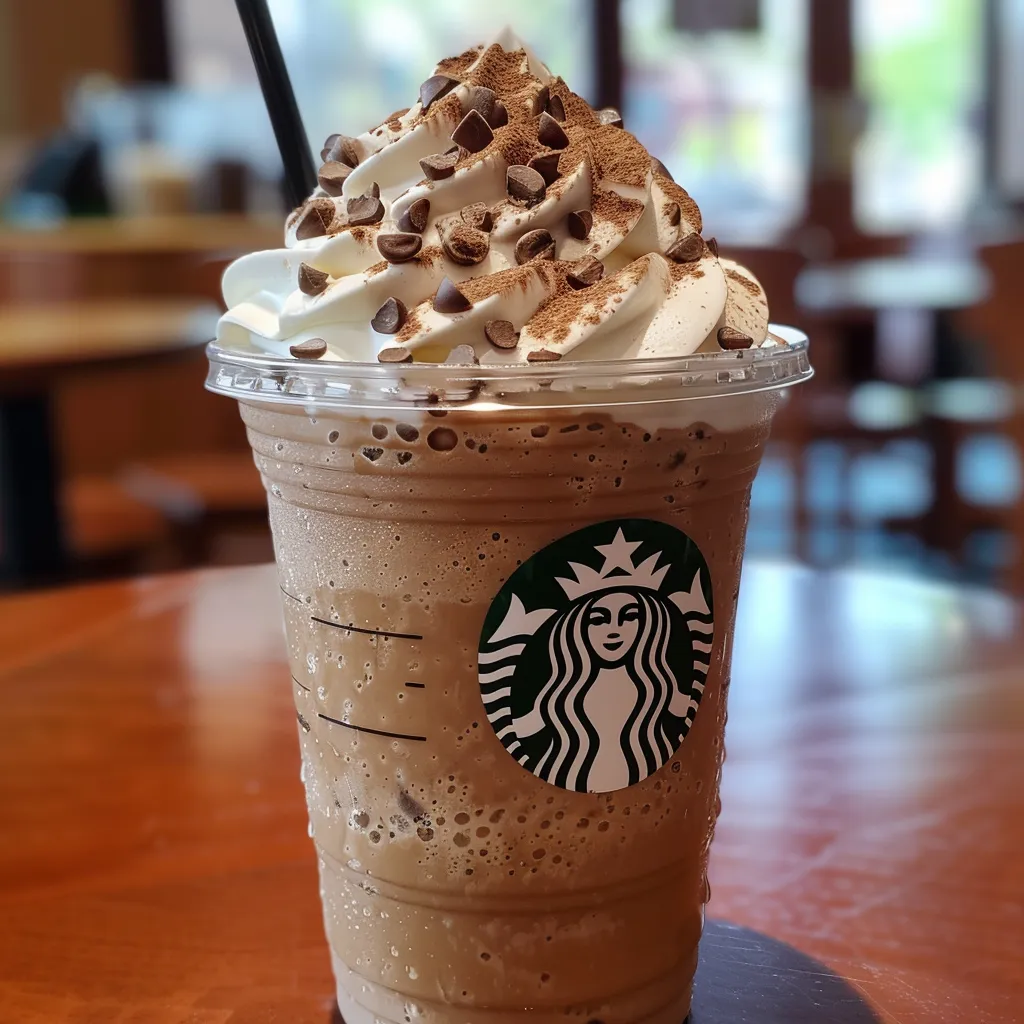 A refreshing Vanilla Bean Frappuccino topped with whipped cream and a straw.