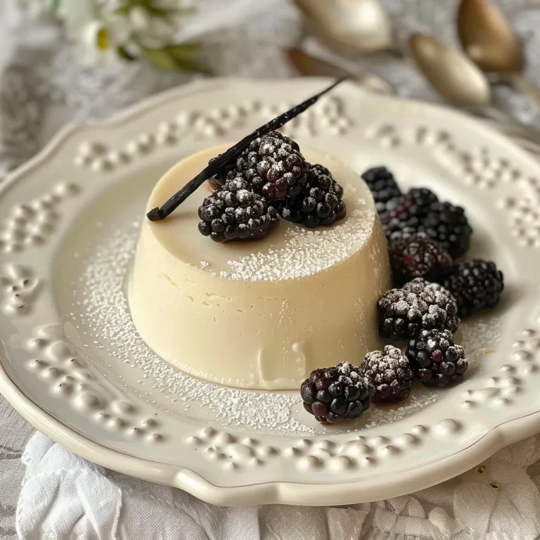Elevate Your Dessert Game with Vanilla Bean Panna Cotta and Berry Bliss A dessert consisting of Vanilla Bean Panna Cotta with a rich berry compote, captured in a close-up side view.